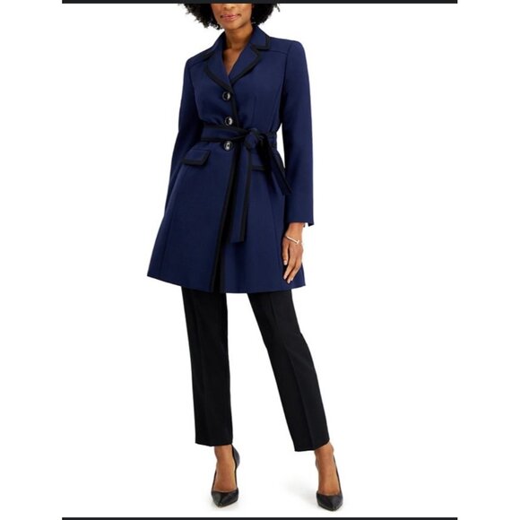 Le Suit Women Petite Blue With Black Trim Topper Jacket Size 10P - Picture 1 of 15